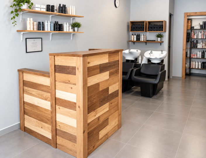Peluquería con panelado de madera y mobiliario a medida