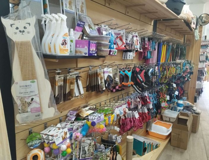 Estantería de madera para exposición de productos en tienda de mascotas